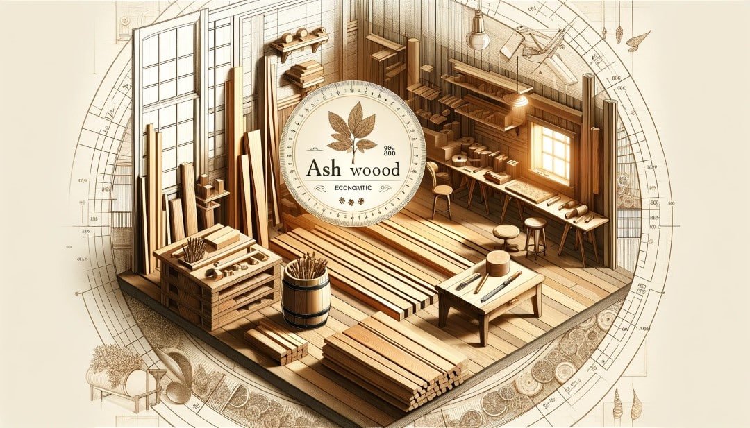 An elegant detailed illustration of a woodworking workshop with ash wood planks and furniture pieces highlighting the economic value of ash wood in Custom