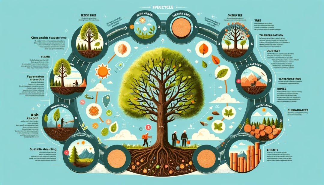 An infographic illustrating the lifecycle of an ash tree from seedling to mature tree including sustainable harvesting practices in a colorful enga Custom