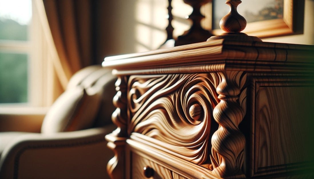 Close up of a beautifully crafted beech wood furniture piece highlighting the wood grain and texture in a vintage home setting in 35mm film style Custom