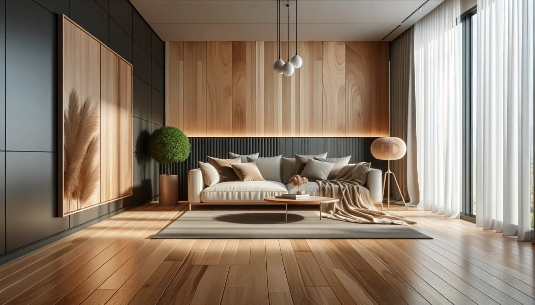 Depict a modern living room or bedroom featuring Beech Wood furniture or flooring. The room should be stylish and contemporary with Beech Wood elemen Custom