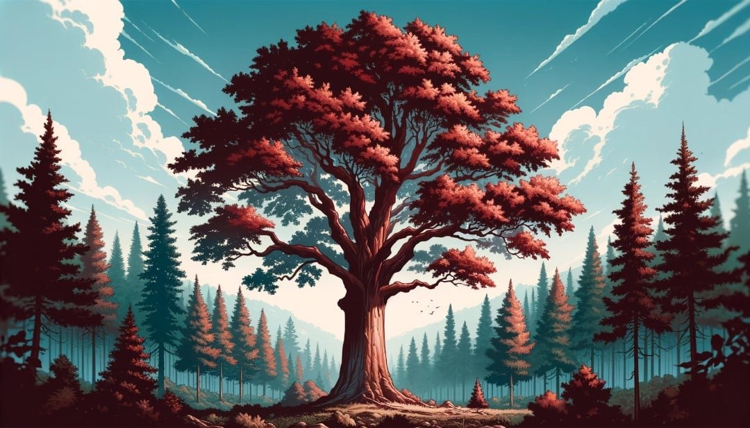 Red Oak tree in a dense forest