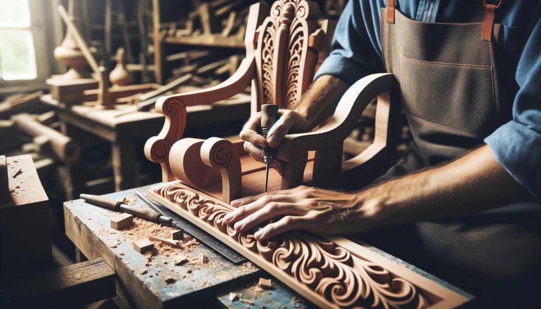 a craftsman working in a workshop, meticulously carving a piece of Red Oak