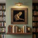 Palestinian artwork on wood wall art above a bookshelf in a cozy library nook