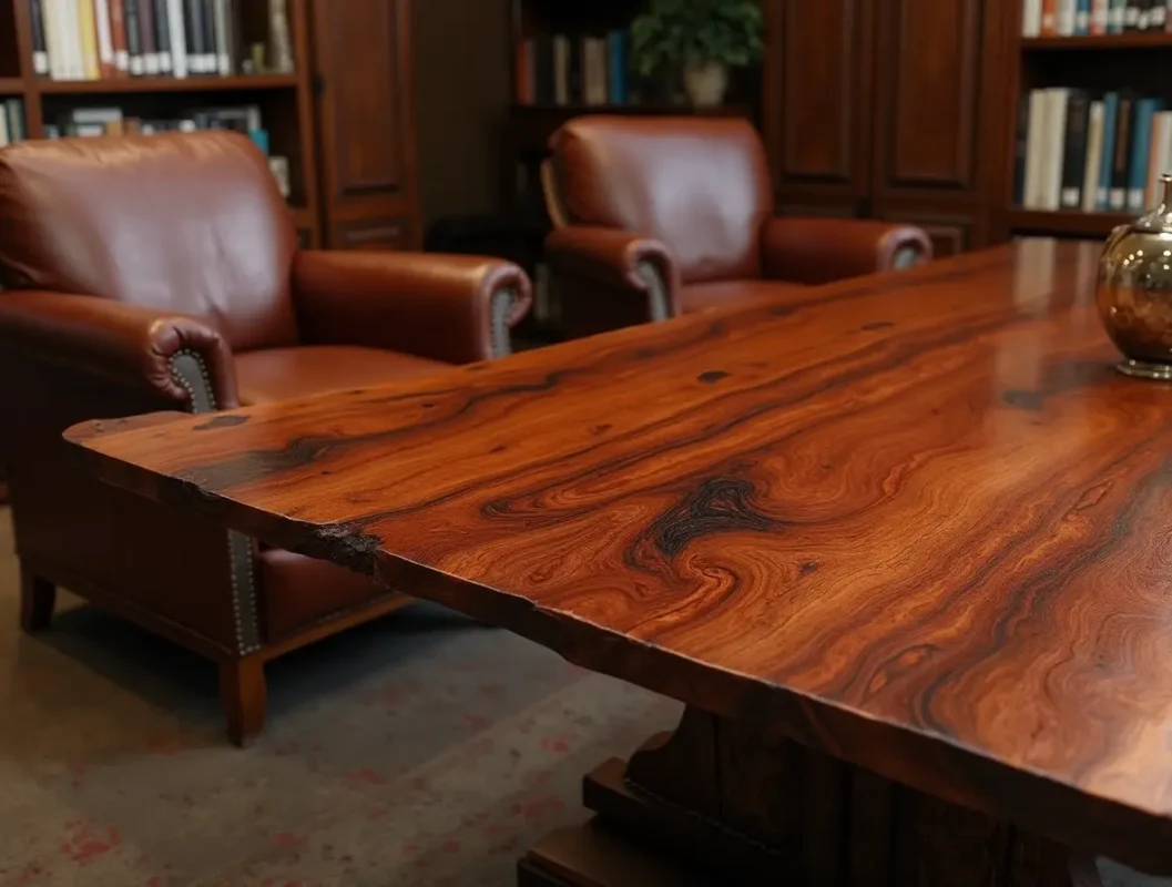 A finely crafted table made from cocobolo wood, its rich reddish-brown hue and dark streaks gleaming under soft lighting. The setting is a cozy study with bookshelves and leather armchairs, exuding warmth and sophistication. Hyper-realistic art style, wide format