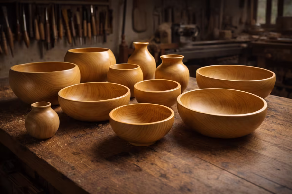 A collection of turned yellowheart wood bowls and vases