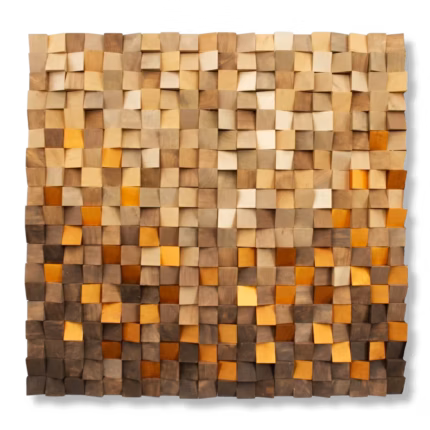 Handcrafted 3D wood mosaic abstract wall art with amber and brown tones