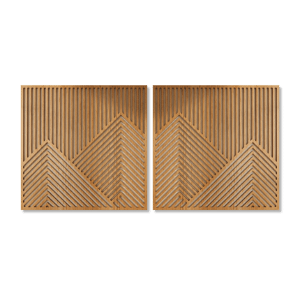 Geometric wood wall art diptych with layered slats forming abstract mountain peaks in warm natural wood