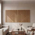 Geometric wood wall art panels with layered mountain patterns above seating in a modern living room