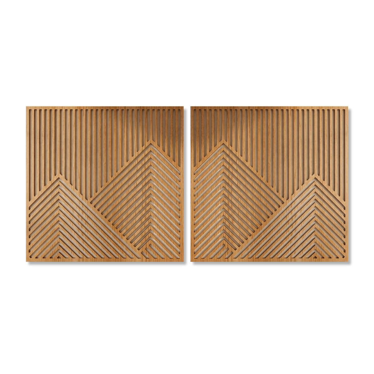 chevron-diptych-geometric-wood-wall-art لوحات جدارية مودرن من قطعتين خشبيتين بنقشة هندسية تشكّل قمماً تجريدية بلون خشبي دافئ