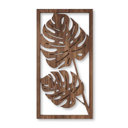 Laser cut monstera leaves wood wall art with dark background framed panel