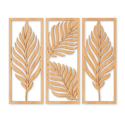 Three-panel palm leaf laser cut wood wall art in natural brown matte finish