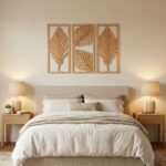 A photorealistic, warmly lit bedroom featuring the wooden palm leaf triptych hanging above a wide king-size bed, flanked by matching light-wood bedside tables and glowing table lamps.