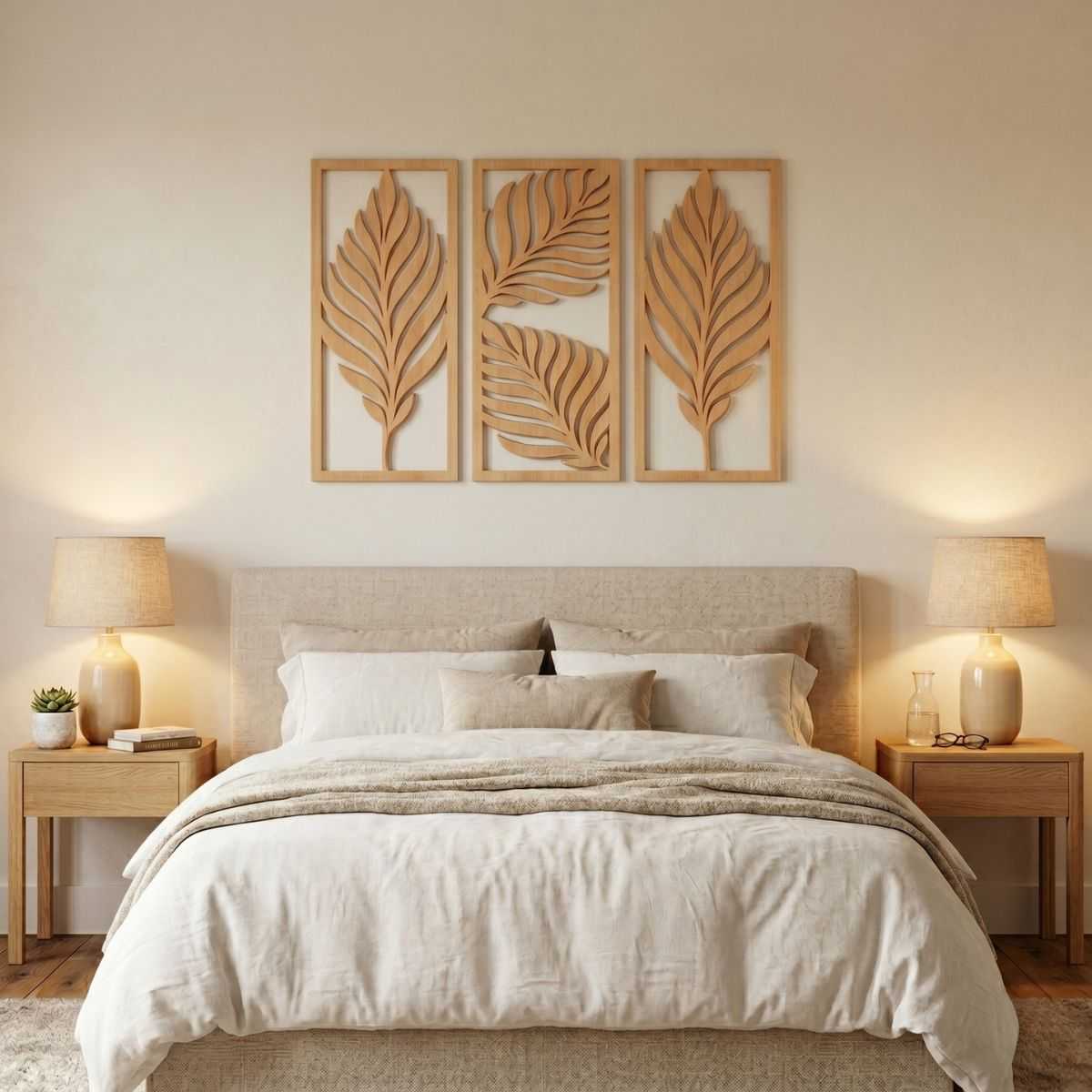 palm-leaf-triptych-floral-wall-art-glamorwood-bedroom A photorealistic, warmly lit bedroom featuring the wooden palm leaf triptych hanging above a wide king-size bed, flanked by matching light-wood bedside tables and glowing table lamps.