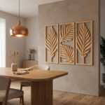 Handcrafted wood wall art triptych with carved tropical leaf designs in rectangular frames