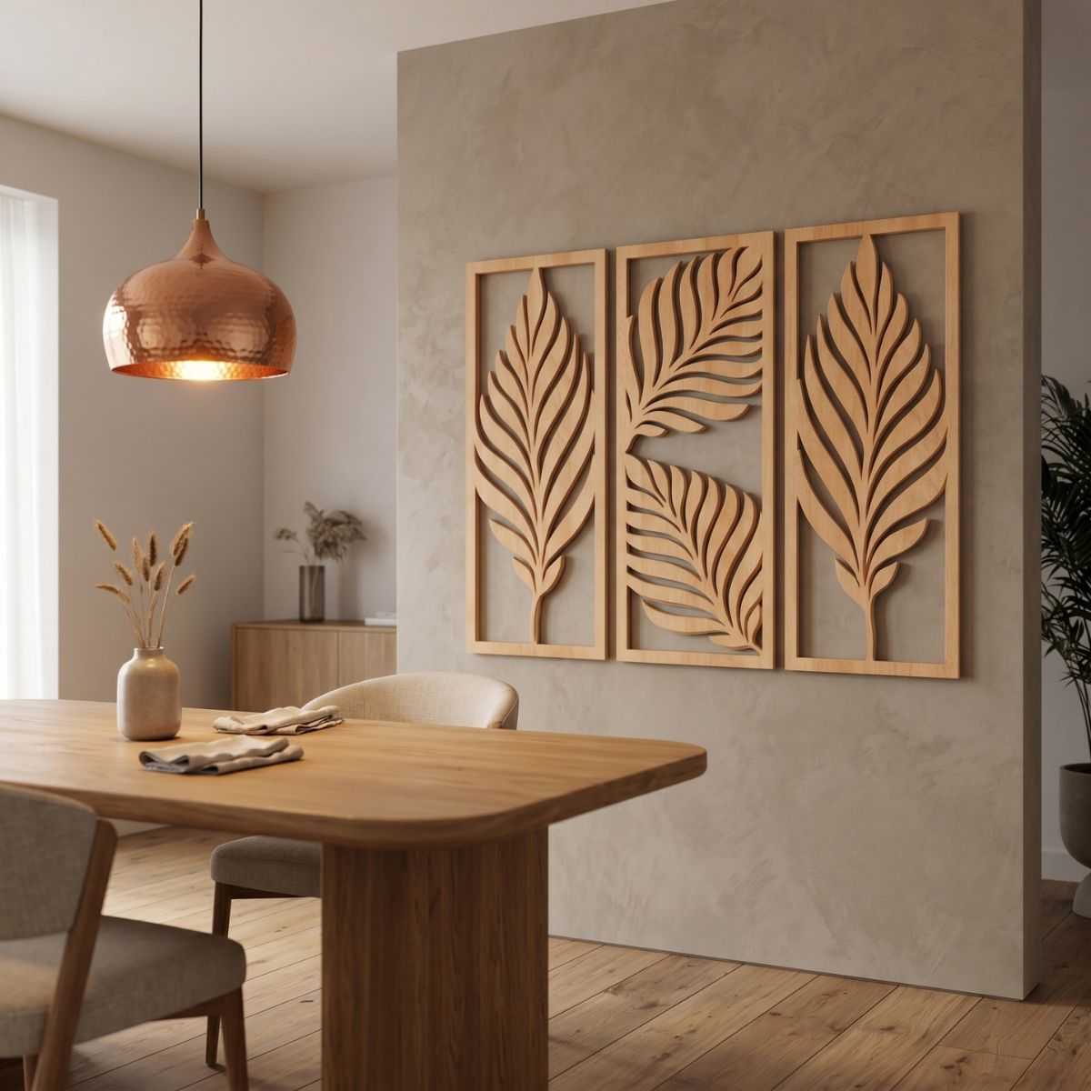palm-leaf-triptych-floral-wall-art-glamorwood-dining-room Handcrafted wood wall art triptych with carved tropical leaf designs in rectangular frames