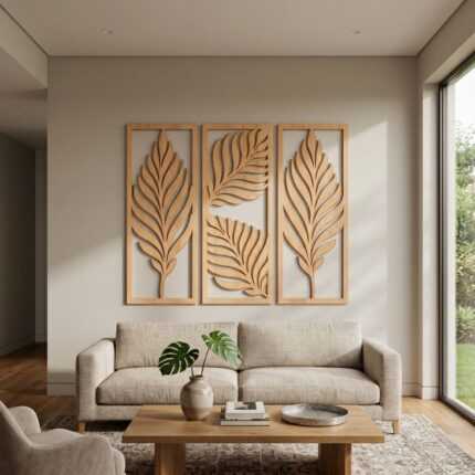 Handcrafted three-panel wood wall art with carved tropical leaf designs above a modern sofa