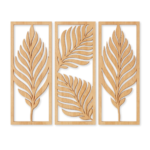 Three-panel palm leaf laser cut wood wall art in natural brown matte finish
