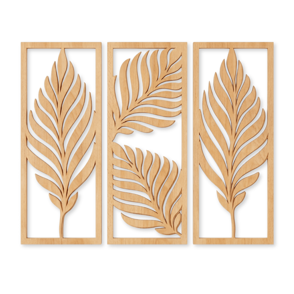 palm-leaf-triptych-floral-wall-art-glamorwood-png Three-panel palm leaf laser cut wood wall art in natural brown matte finish