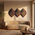 Islamic Wall Art triptych with Arabic calligraphy above a beige sofa in a sunlit modern living room