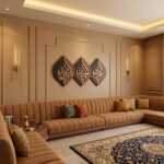Islamic Wall Art with three Arabic calligraphy wood panels above a tan sectional sofa in a warm living room