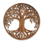 Round tree of life wood wall art in walnut with Celtic knot root pattern