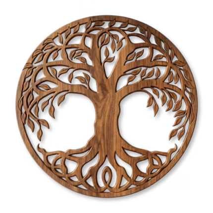 Round tree of life wood wall art in walnut with Celtic knot root pattern
