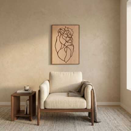 Abstract lion line art inlaid wood wall art in natural beech finish