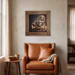Abu Obaida Wall Art above a tan leather armchair in a cozy living room