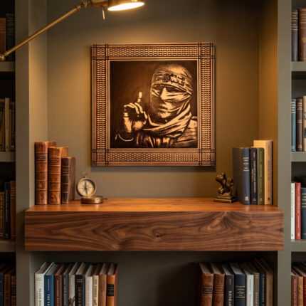 Abu Obaida Wall Art above a wooden desk in a warm, book-lined study nook