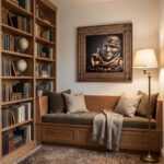 Abu Obaida Wall Art above a wooden bench in a cozy library nook with bookshelves and floor lamp