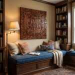 Handcrafted wood wall art featuring an intricate geometric maze design, adding warmth and style to a cozy seating area.