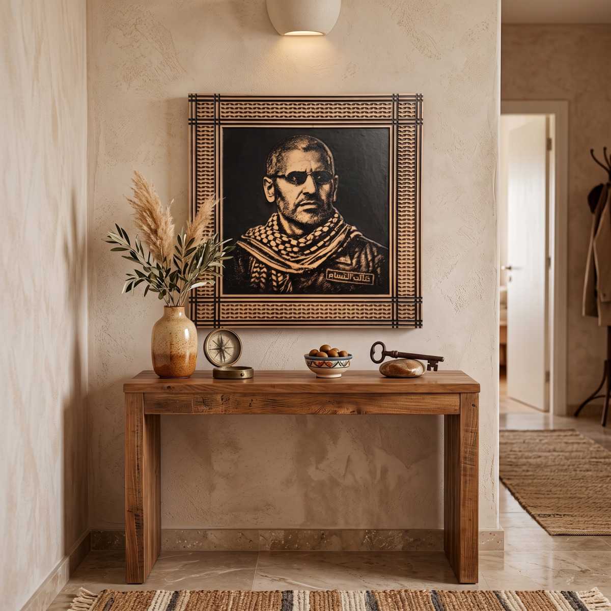 Mohammed Al Daif Wall Art Hallway Glamorwood Wood wall art portrait above a wooden console table in a warm hallway interior