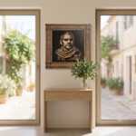 Wood wall art portrait above a wooden console table between two windows in a bright hallway