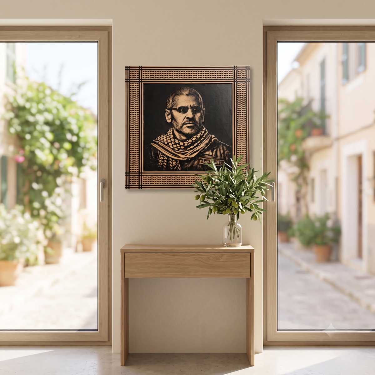 Mohammed Al Daif Wall Art Hallway Glamorwood Wood wall art portrait above a wooden console table between two windows in a bright hallway