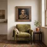 Framed wood wall art portrait above an olive green armchair in a cozy living room