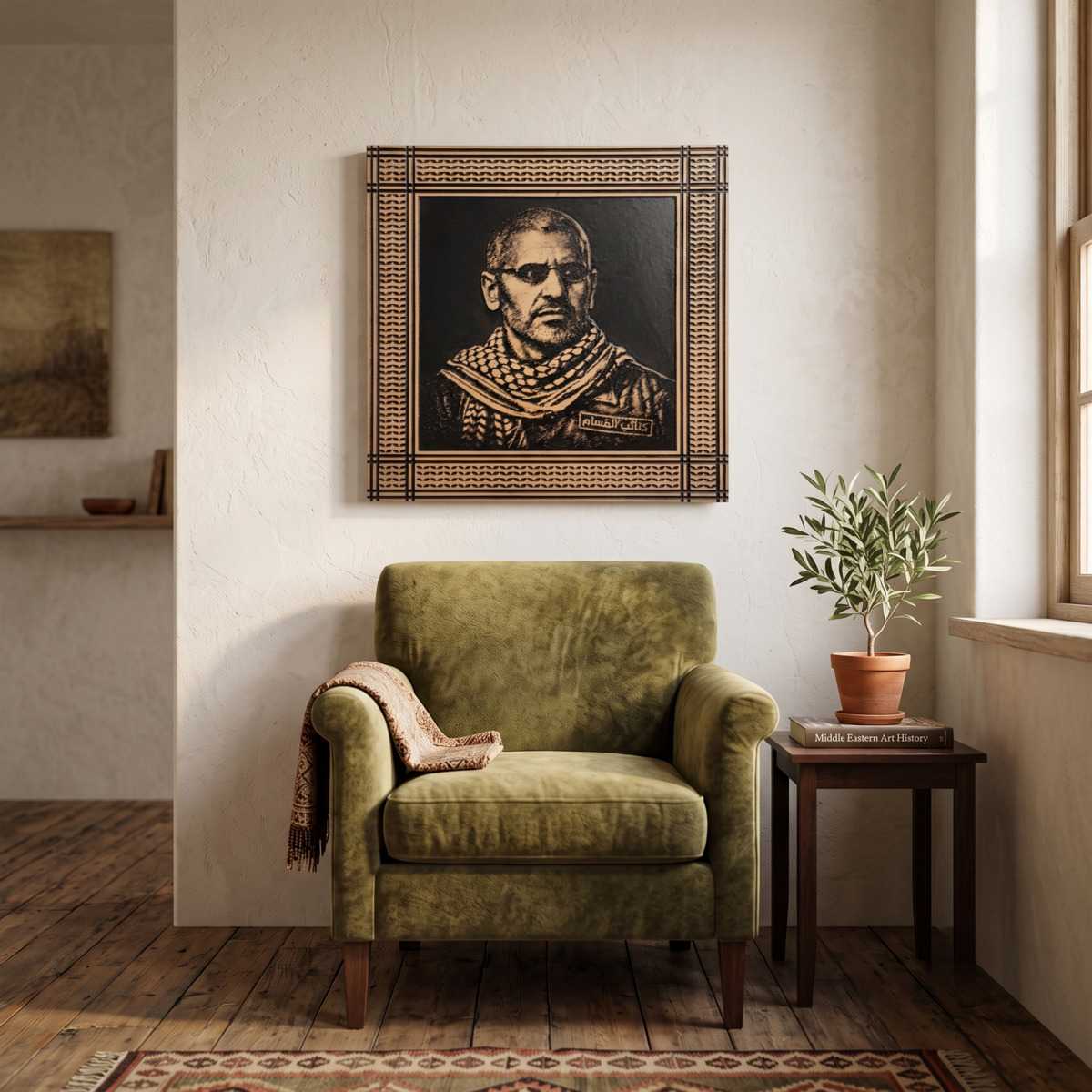 Mohammed Al Daif Wall Art Living Room Glamorwood Framed wood wall art portrait above an olive green armchair in a cozy living room