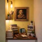 Wood wall art portrait above a cozy reading nook with books and plants