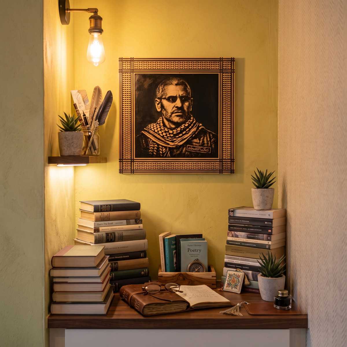 Mohammed Al Daif Wall Art Office Glamorwood Wood wall art portrait above a cozy reading nook with books and plants