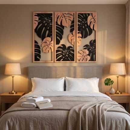 A frontal view of a cozy and elegant guest bedroom, featuring the triptych wall art of Monstera leaves hanging on a dark gray wall above a bed with a light-gray upholstered headboard. The bed is neatly made with folded towels and a welcome book, flanked by matching wooden nightstands with lit brass lamps and a single simple vase with one Monstera leaf.