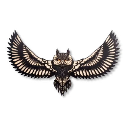 Laser cut layered owl wood wall art with wings spread wide in black and natural finish