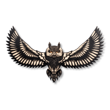 Owl bird wall art with outstretched black and cream wings on a black background