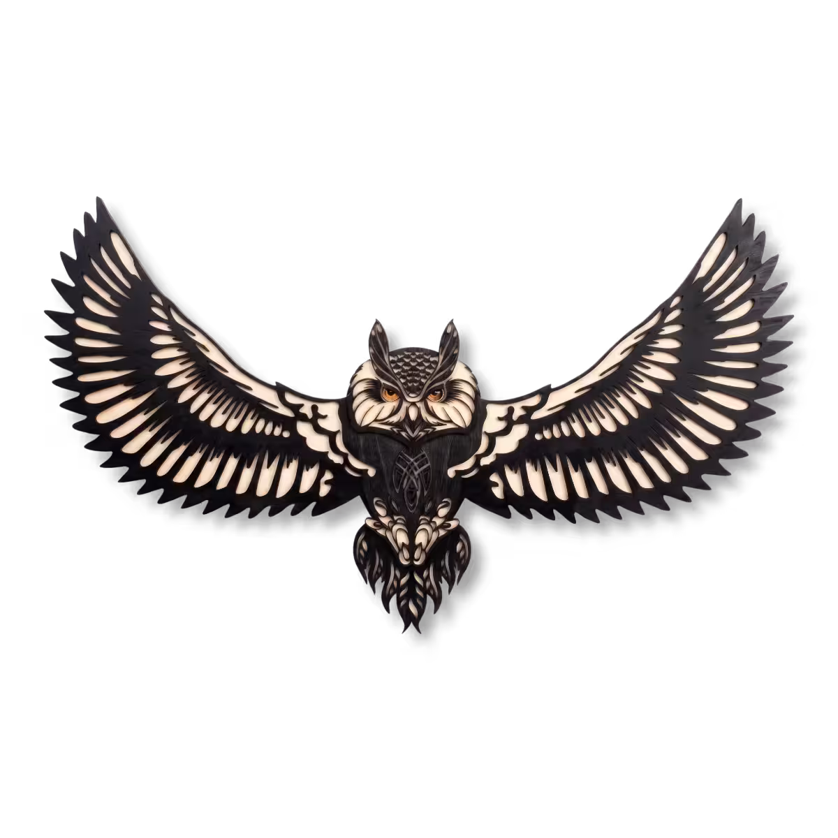 owl-wings-animal-wood-wall-art-glamorwood Laser cut layered owl wood wall art with wings spread wide in black and natural finish