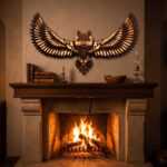 Bird wall art of a soaring owl above a lit fireplace in a rustic living room