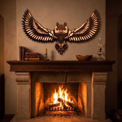 Bird wall art of a soaring owl above a lit fireplace in a rustic living room