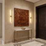 Islamic wall art in geometric Kufic calligraphy above a console table in an elegant entryway