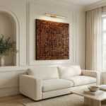Islamic wall art with geometric Arabic calligraphy above a cream sofa in an elegant living room