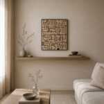 A large 3D wooden wall art piece featuring Kufic Islamic calligraphy