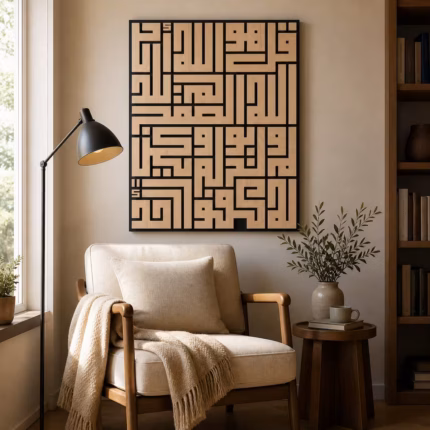 A large 3D wooden wall art piece featuring Kufic Islamic calligraphy