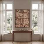 A large 3D wooden wall art piece featuring Kufic Islamic calligraphy