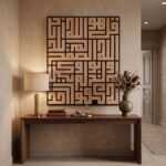 A large 3D wooden wall art piece featuring Kufic Islamic calligraphy
